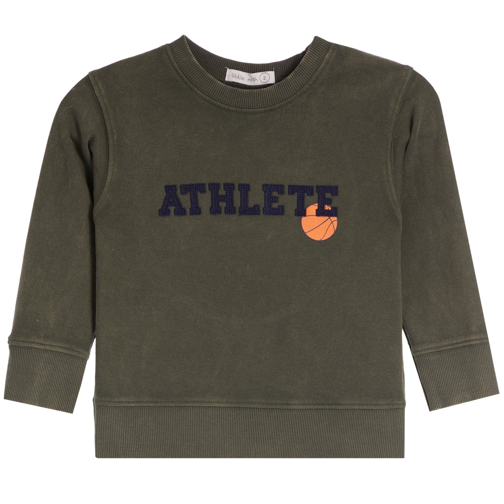 kids' sweatshirt in a olive color. The sweatshirt features the text 'ATHLETE' in navy blue with a small basketball graphic
