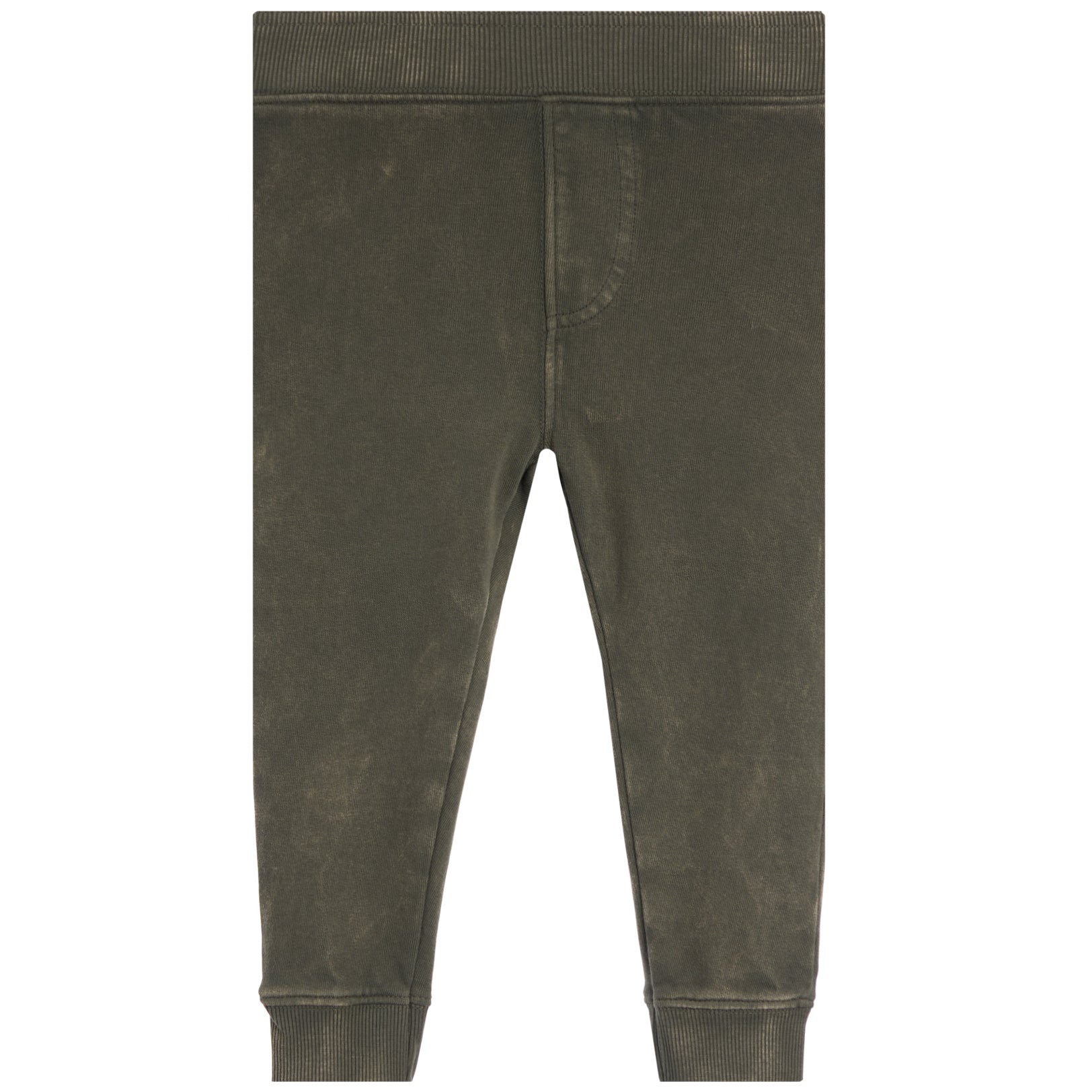 jogger pants in a olive color. the pants have a wide elastic waistband and cuffs.