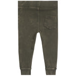 jogger pants in a olive color. the pants have a wide elastic waistband and cuffs with back pocket.