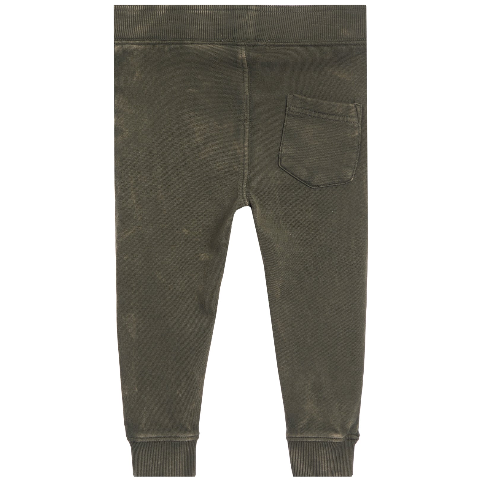 jogger pants in a olive color. the pants have a wide elastic waistband and cuffs with back pocket.