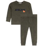 A two-piece kids' sweatshirt and jogger pants set in a olive color. The sweatshirt features the text 'ATHLETE' in navy blue with a small basketball graphic, and the pants have a wide elastic waistband and cuffs.
