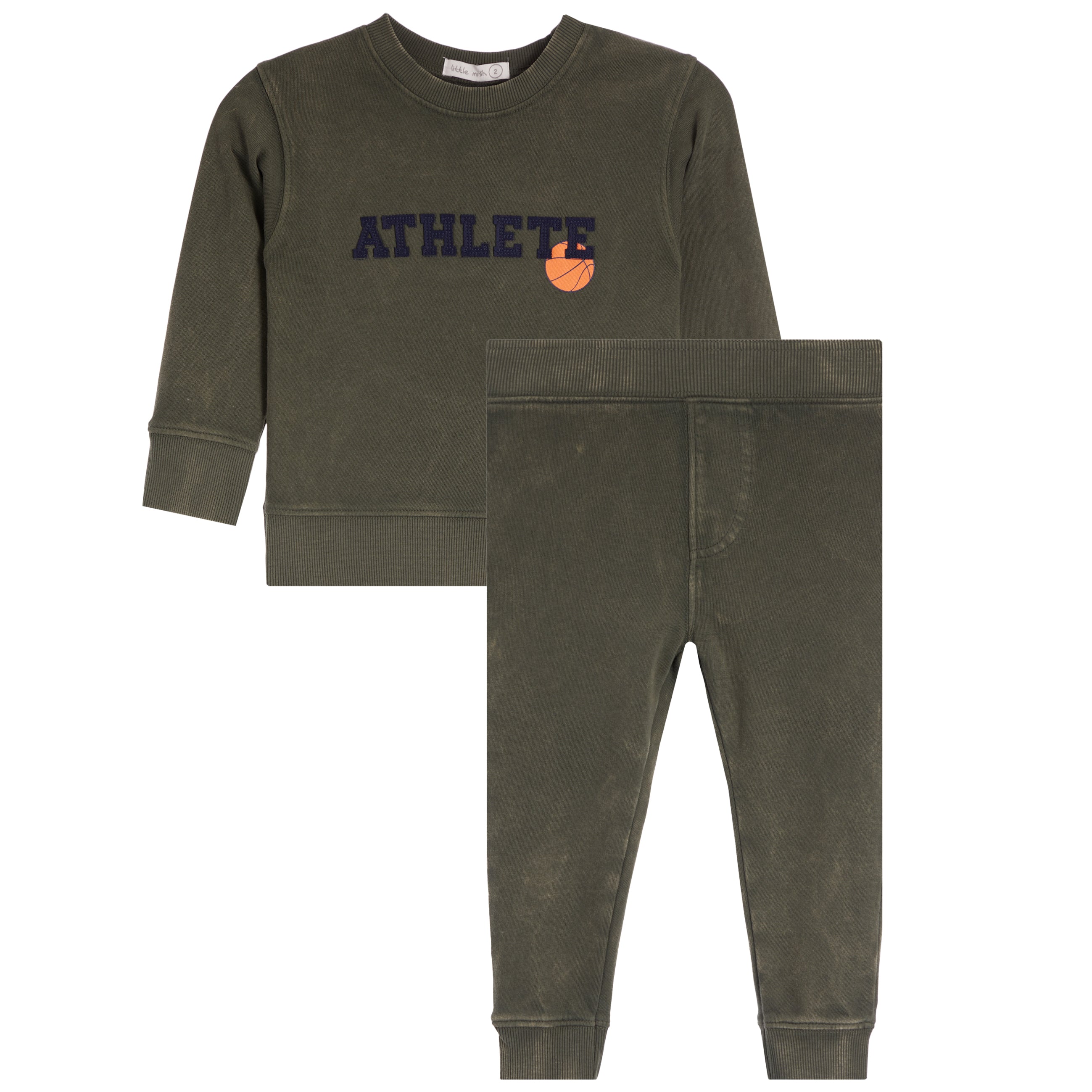 A two-piece kids' sweatshirt and jogger pants set in a olive color. The sweatshirt features the text 'ATHLETE' in navy blue with a small basketball graphic, and the pants have a wide elastic waistband and cuffs.
