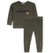 A two-piece kids' sweatshirt and jogger pants set in a olive color. The sweatshirt features the text 'ATHLETE' in navy blue with a small basketball graphic, and the pants have a wide elastic waistband and cuffs.