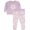 A two-piece set in light lavender, featuring a long-sleeve top with a large cream flower and heart motif on the chest, and matching patterned pants.