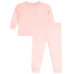A two-piece baby loungewear set in light pink, featuring a long-sleeve top and matching jogger pants with a subtle metallic gold bow pattern, shown on a plain white background.