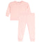 A two-piece baby loungewear set in light pink, featuring a long-sleeve top and matching jogger pants with a subtle metallic gold bow pattern, shown on a plain white background.