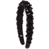 A black velvet headband embellished with black sequins and faux flowers, shown against a plain white background.