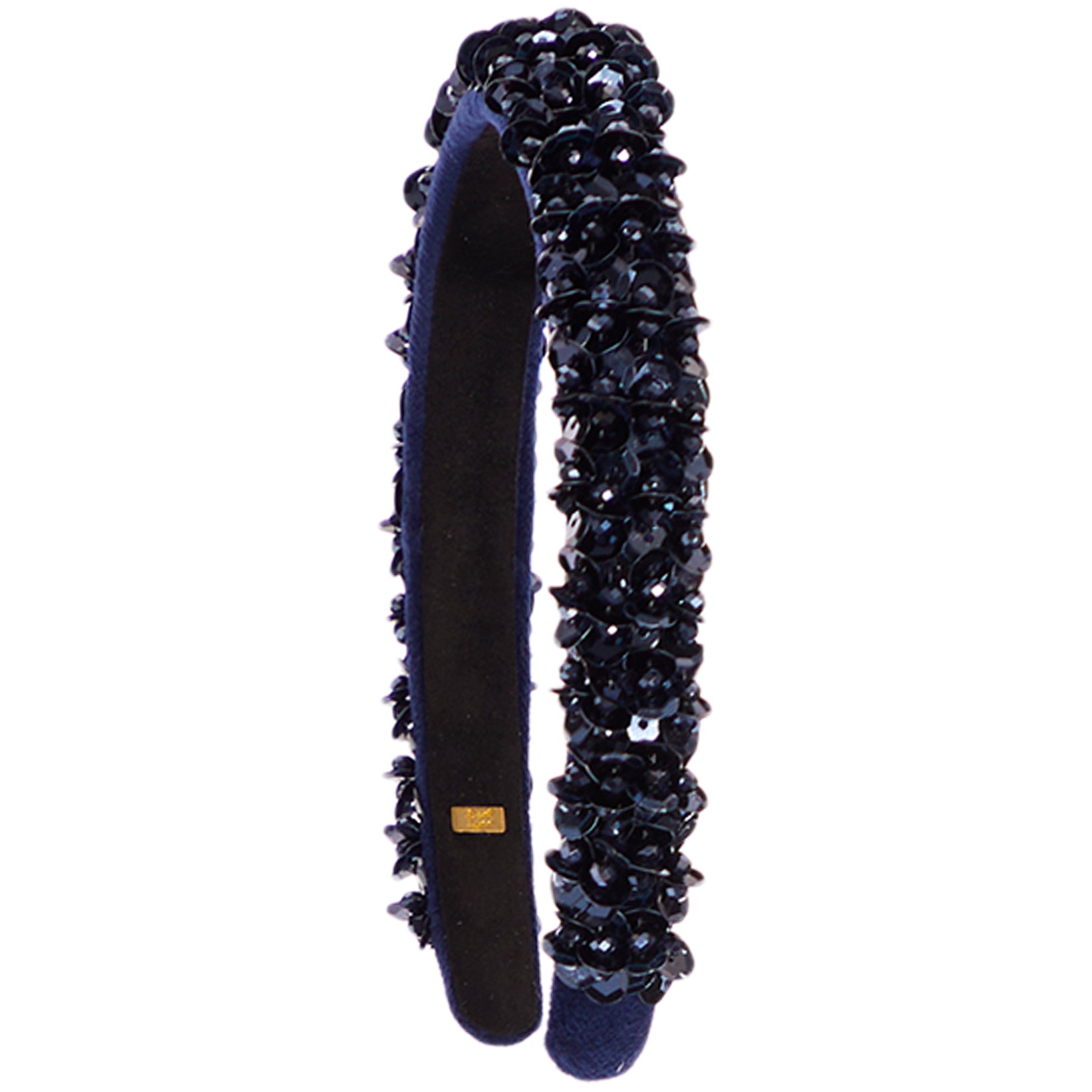 A dark navy blue velvet headband embellished with black sequins and beads, shown against a plain white background.