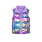 A sleeveless puffer vest with an iridescent holographic finish, featuring a purple fleece lining and collar, shown against a plain white background.