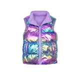 A sleeveless puffer vest with an iridescent holographic finish, featuring a purple fleece lining and collar, shown against a plain white background.