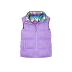 A sleeveless lavender quilted puffer vest with a colorful iridescent patterned lining on the collar and inner lining, shown against a plain white background.