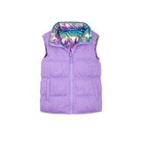 A sleeveless lavender quilted puffer vest with a colorful iridescent patterned lining on the collar and inner lining, shown against a plain white background.