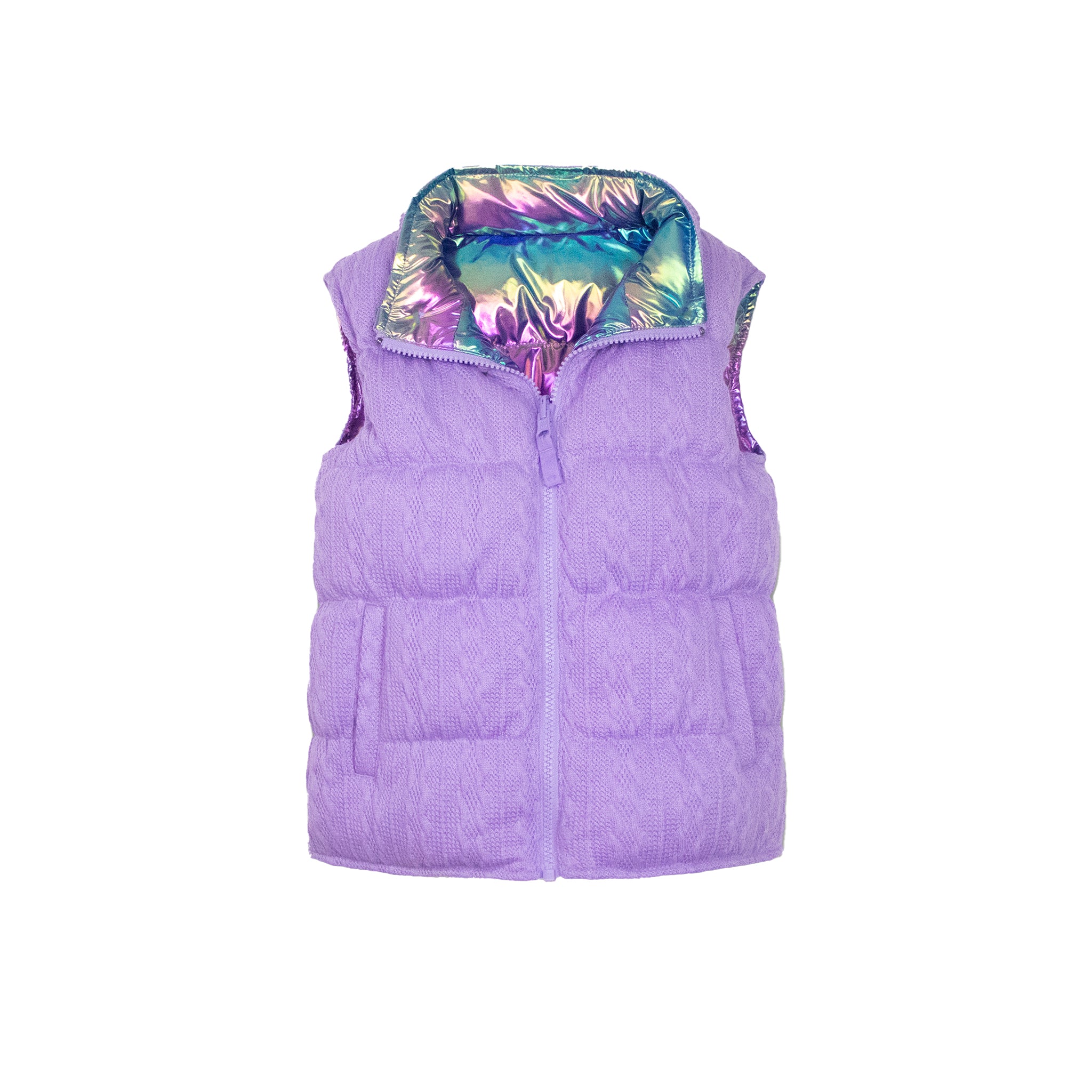 A sleeveless lavender quilted puffer vest with a colorful iridescent patterned lining on the collar and inner lining, shown against a plain white background.