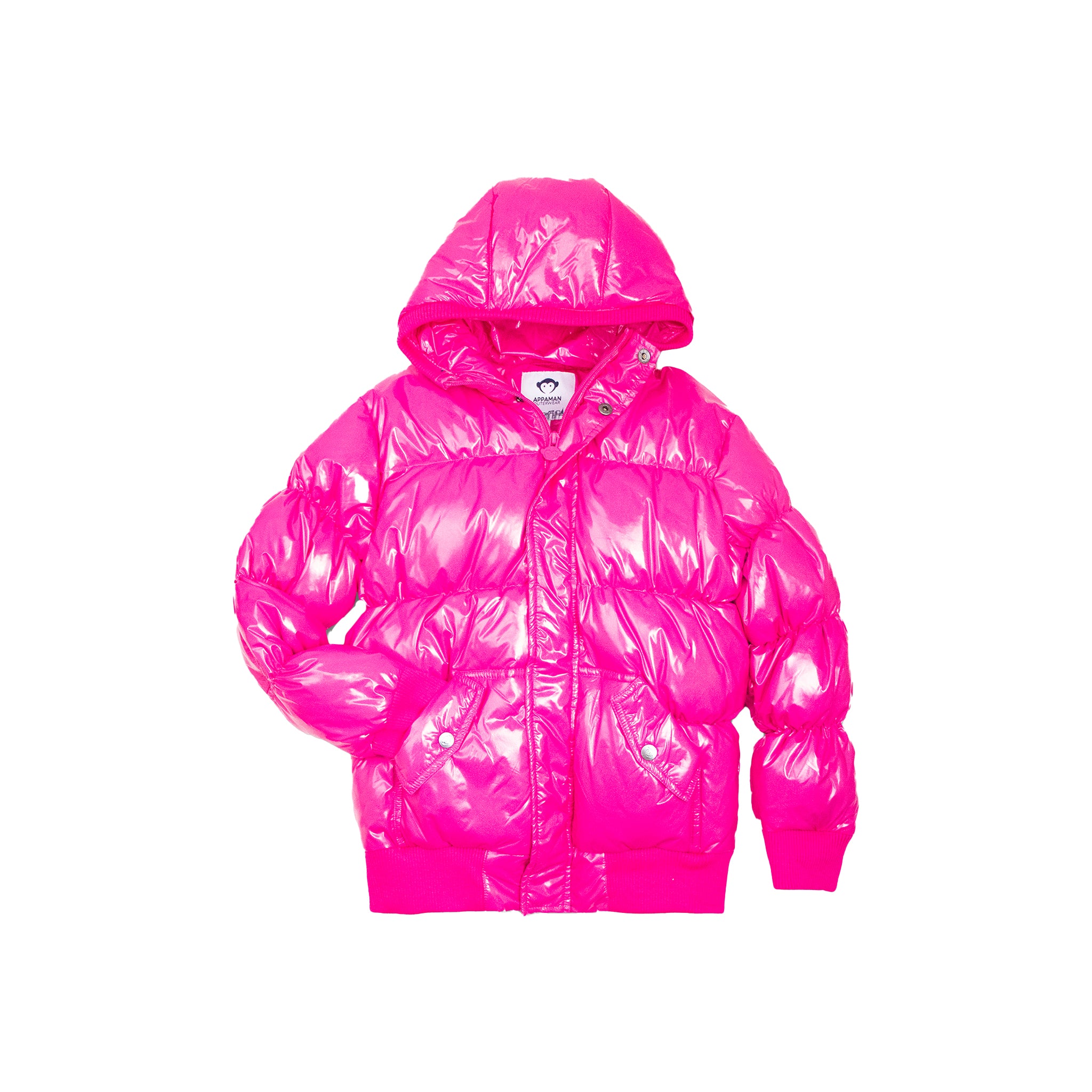 A shiny neon pink hooded puffer jacket with horizontal quilting, shown flat against a plain white background.