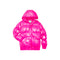 A shiny neon pink hooded puffer jacket with horizontal quilting, shown flat against a plain white background.