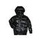 A shiny black hooded puffer jacket with horizontal quilting, shown against a plain white background.