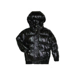 A shiny black hooded puffer jacket with horizontal quilting, shown against a plain white background.