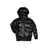 A shiny black hooded puffer jacket with horizontal quilting, shown against a plain white background.