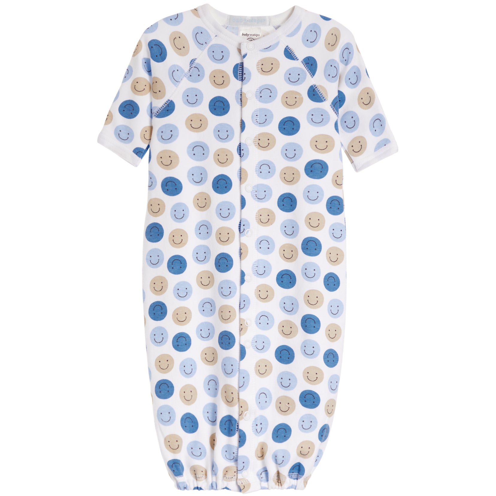 A baby sleep sack with short sleeves and a front snap closure, featuring an all-over pattern of blue and tan smiley faces on a white background.