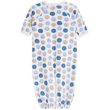 A baby long-sleeve footless sleeper with an all-over pattern of smiling face circles in shades of blue and beige on a white background.