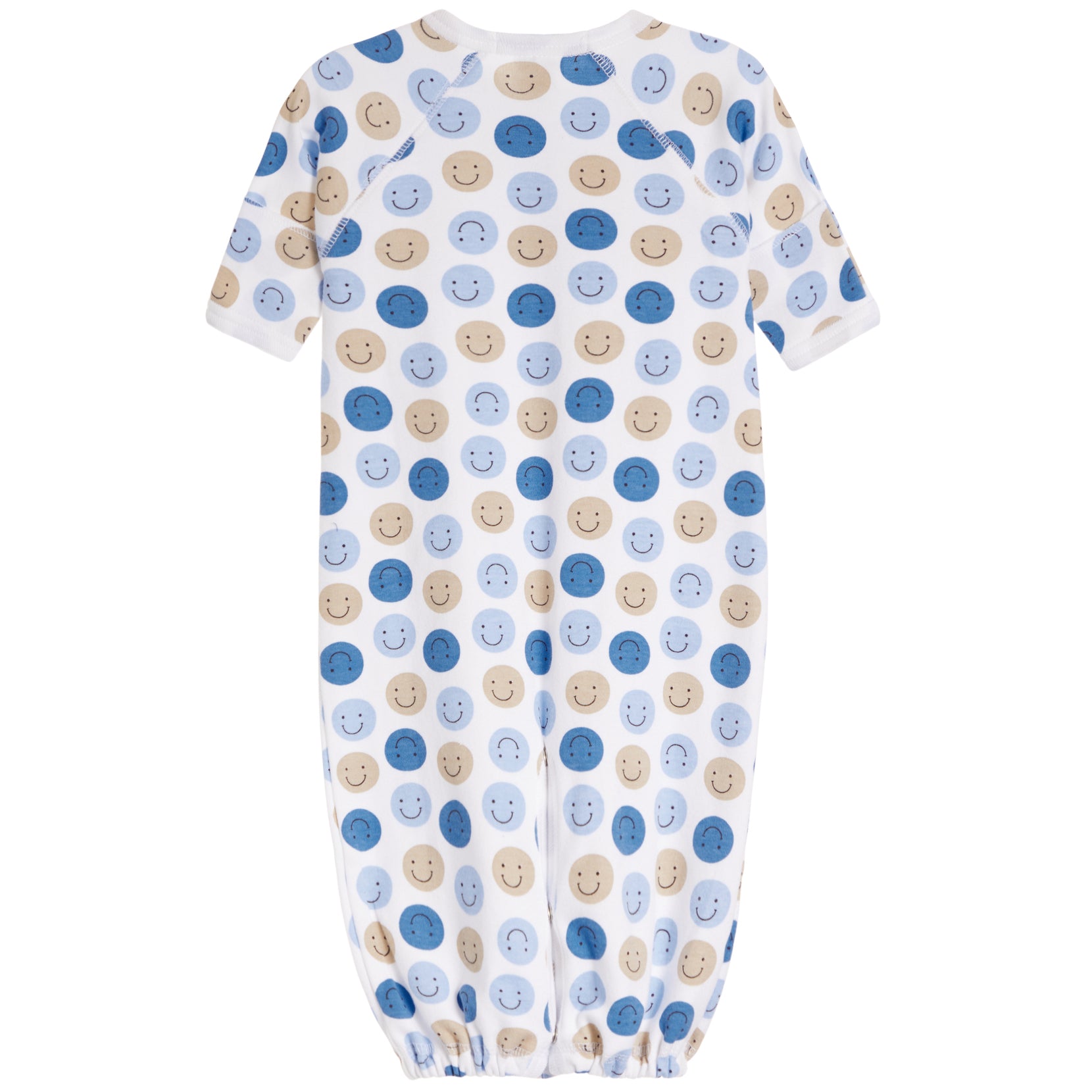 A baby long-sleeve footless sleeper with an all-over pattern of smiling face circles in shades of blue and beige on a white background.