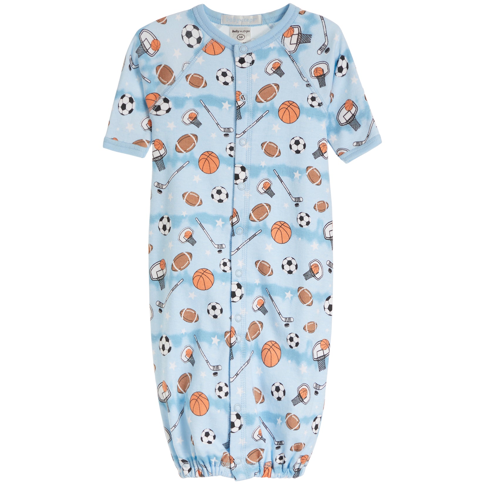 A baby long-sleeve sleep sack with a light blue watercolor background and an all-over sports-themed print featuring basketballs, footballs, soccer balls, and whistles. The sleep sack has a snap-button front and elastic cuffs.
