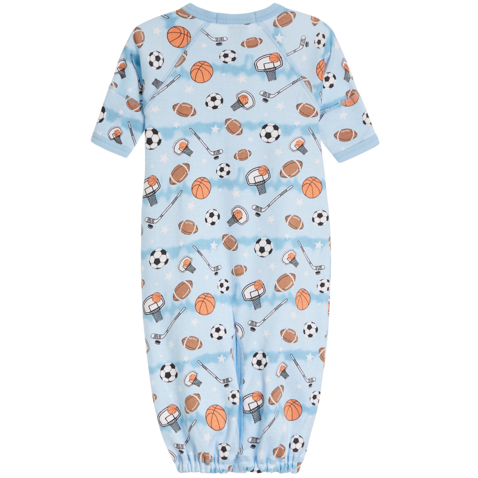 A baby long-sleeve footless onesie in light blue, featuring an all-over sports-themed print with basketballs, soccer balls, footballs, and referees on a white background.