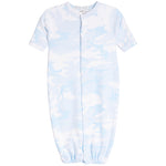 A baby long-sleeve footless sleeper in a light blue and white camouflage pattern, featuring a snap-button front closure and elastic cuffs.