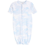 A baby long-sleeve footless sleeper in a light blue and white camouflage pattern, featuring a snap-button front closure and elastic cuffs.