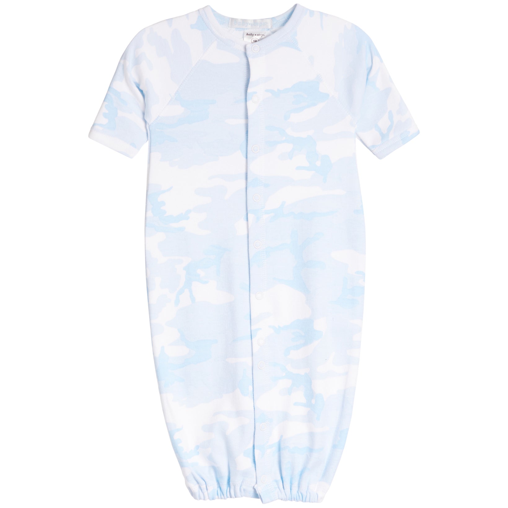 A baby long-sleeve footless sleeper in a light blue and white camouflage pattern, featuring a snap-button front closure and elastic cuffs.