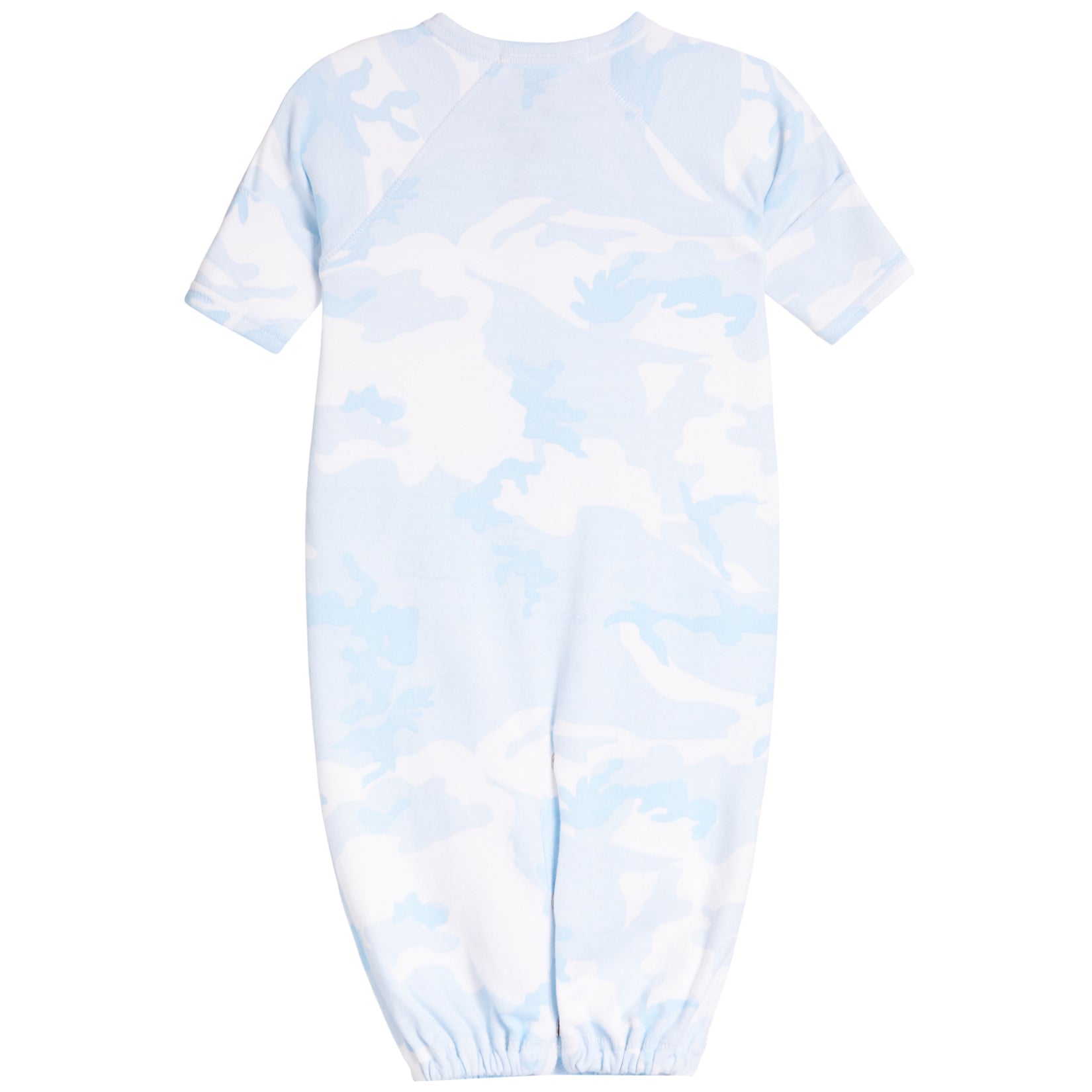 A baby long-sleeve footless converter with a light blue and white camouflage pattern, shown from the back on a white background.