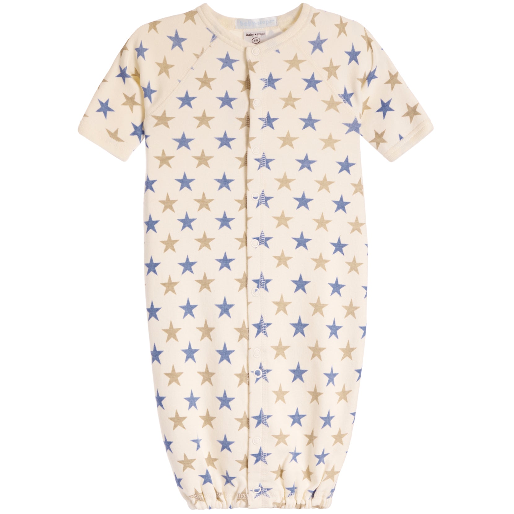 A baby sleep sack with short sleeves, a front zipper, and an all-over star pattern in blue and tan on a cream background.