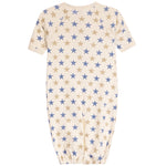 A short-sleeve baby sleeper in cream with an all-over pattern of blue and tan stars, shown flat against a white background.