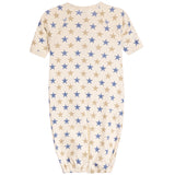 A short-sleeve baby sleeper in cream with an all-over pattern of blue and tan stars, shown flat against a white background.
