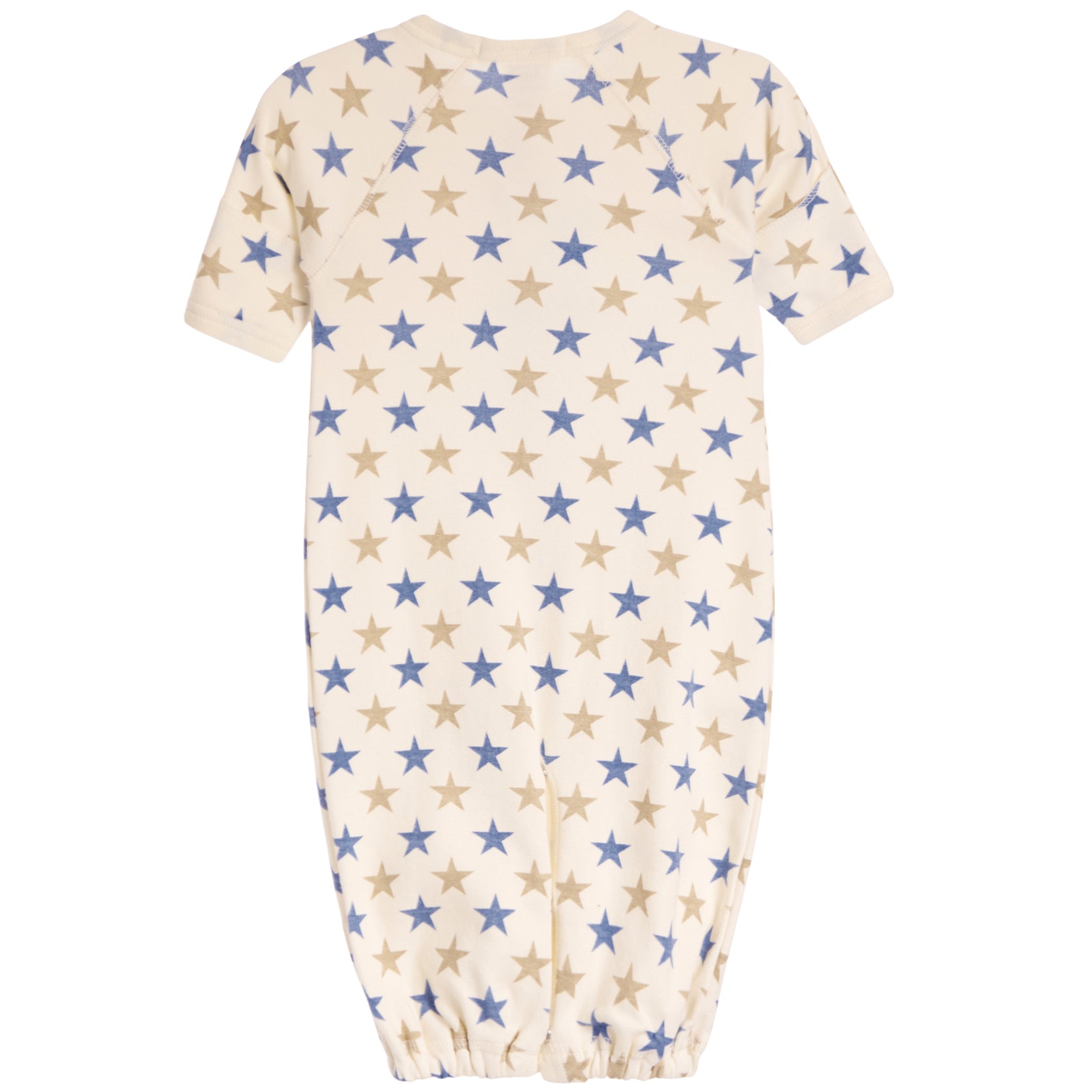 A short-sleeve baby sleeper in cream with an all-over pattern of blue and tan stars, shown flat against a white background.