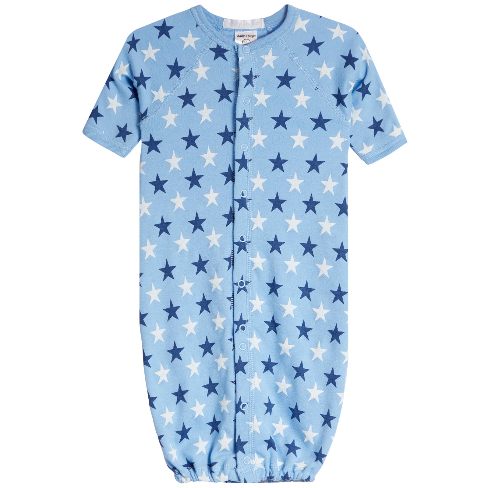 A baby long-sleeve footless sleeper in light blue with an all-over star print in navy and white, featuring a snap-button front closure.