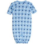 A baby short-sleeve footless one-piece converter in light blue, featuring an all-over pattern of navy blue and white stars, shown against a plain white background.