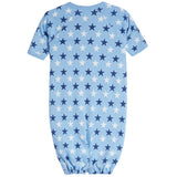 A baby short-sleeve footless one-piece converter in light blue, featuring an all-over pattern of navy blue and white stars, shown against a plain white background.