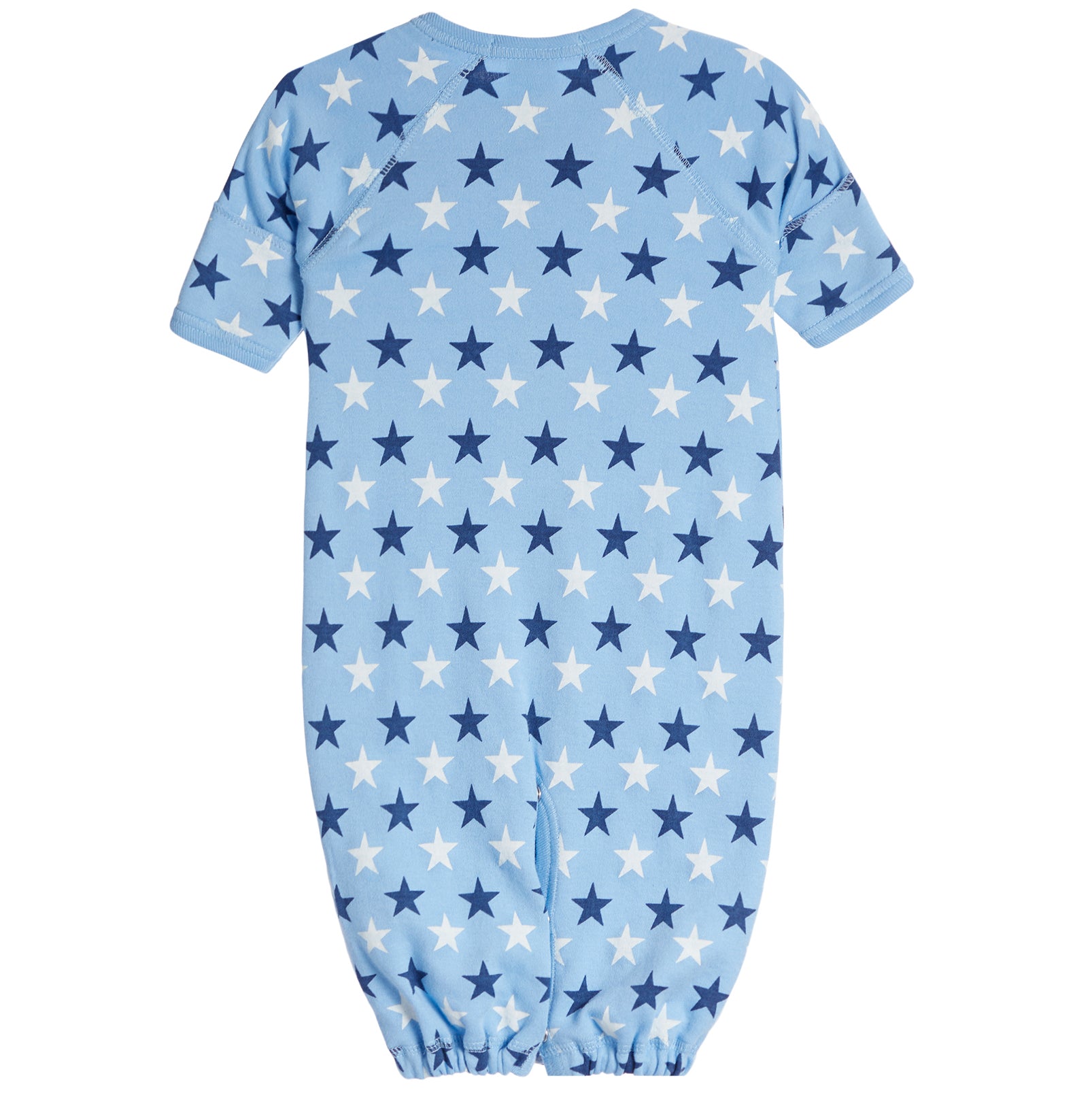 A baby short-sleeve footless one-piece converter in light blue, featuring an all-over pattern of navy blue and white stars, shown against a plain white background.