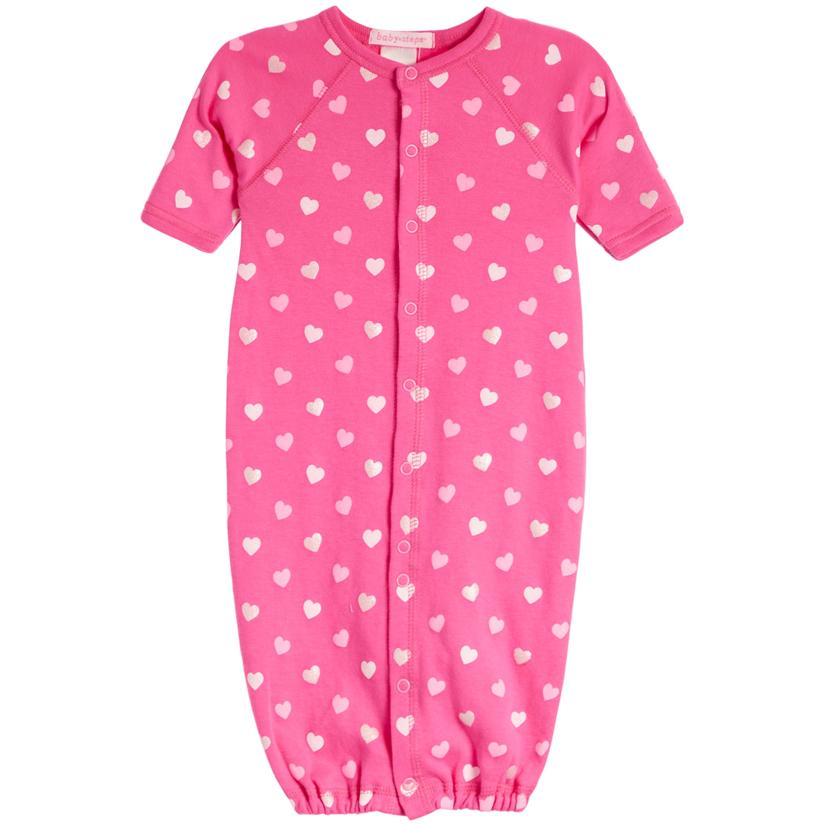 A pink short-sleeve baby Converter with an allover pattern of small white and light pink hearts, featuring a snap-button front closure and elastic bottom.