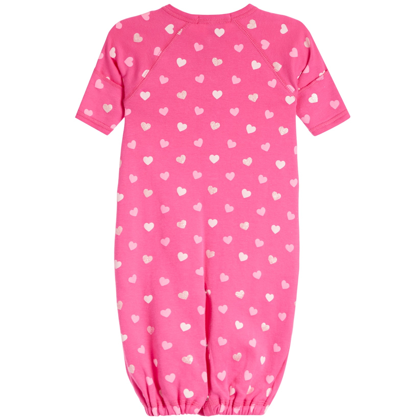 A pink short-sleeve baby converter with an all-over pattern of small white and light pink hearts, shown against a plain white background.