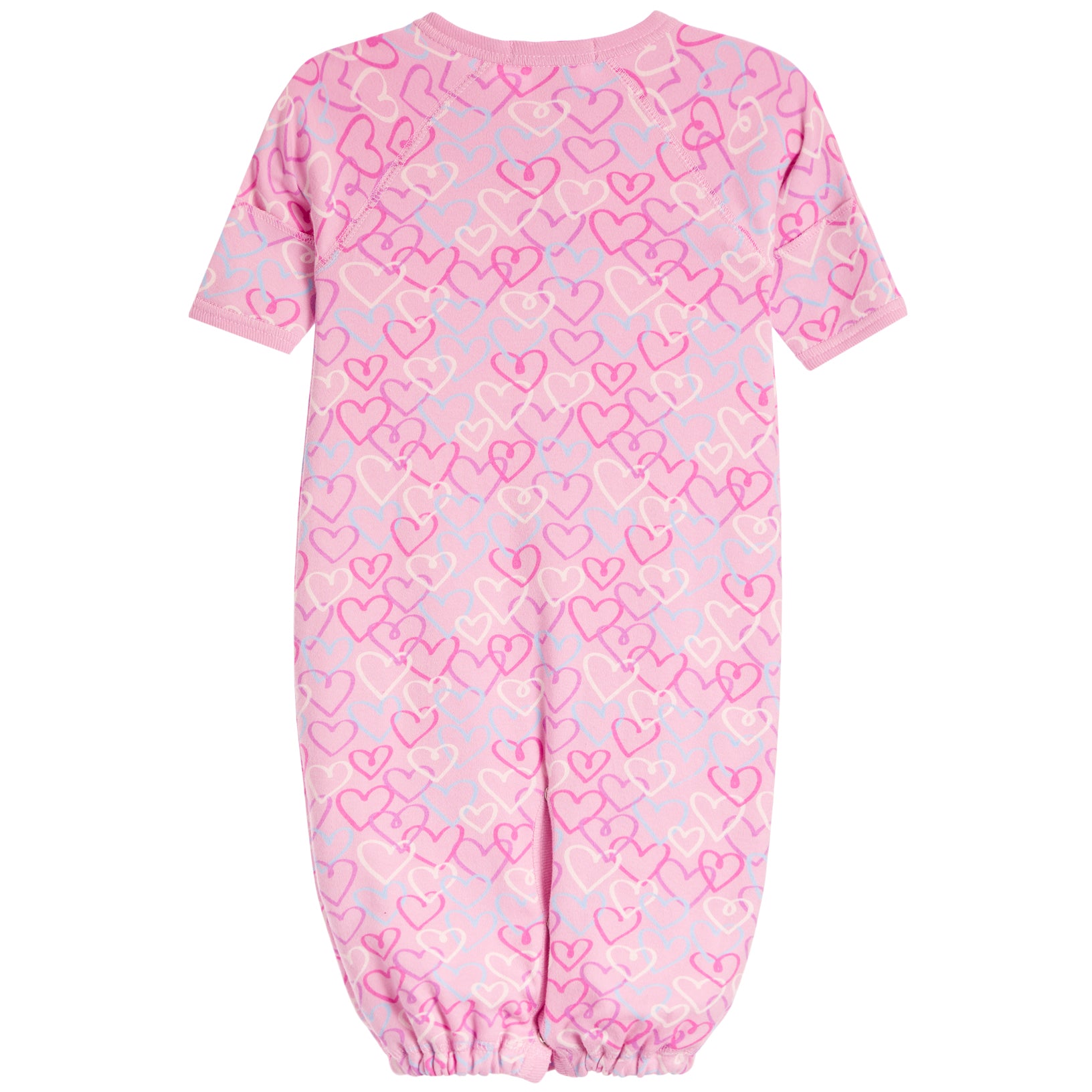 A pink short-sleeve baby jumpsuit with an allover heart pattern in various shades of pink, shown against a plain white background.