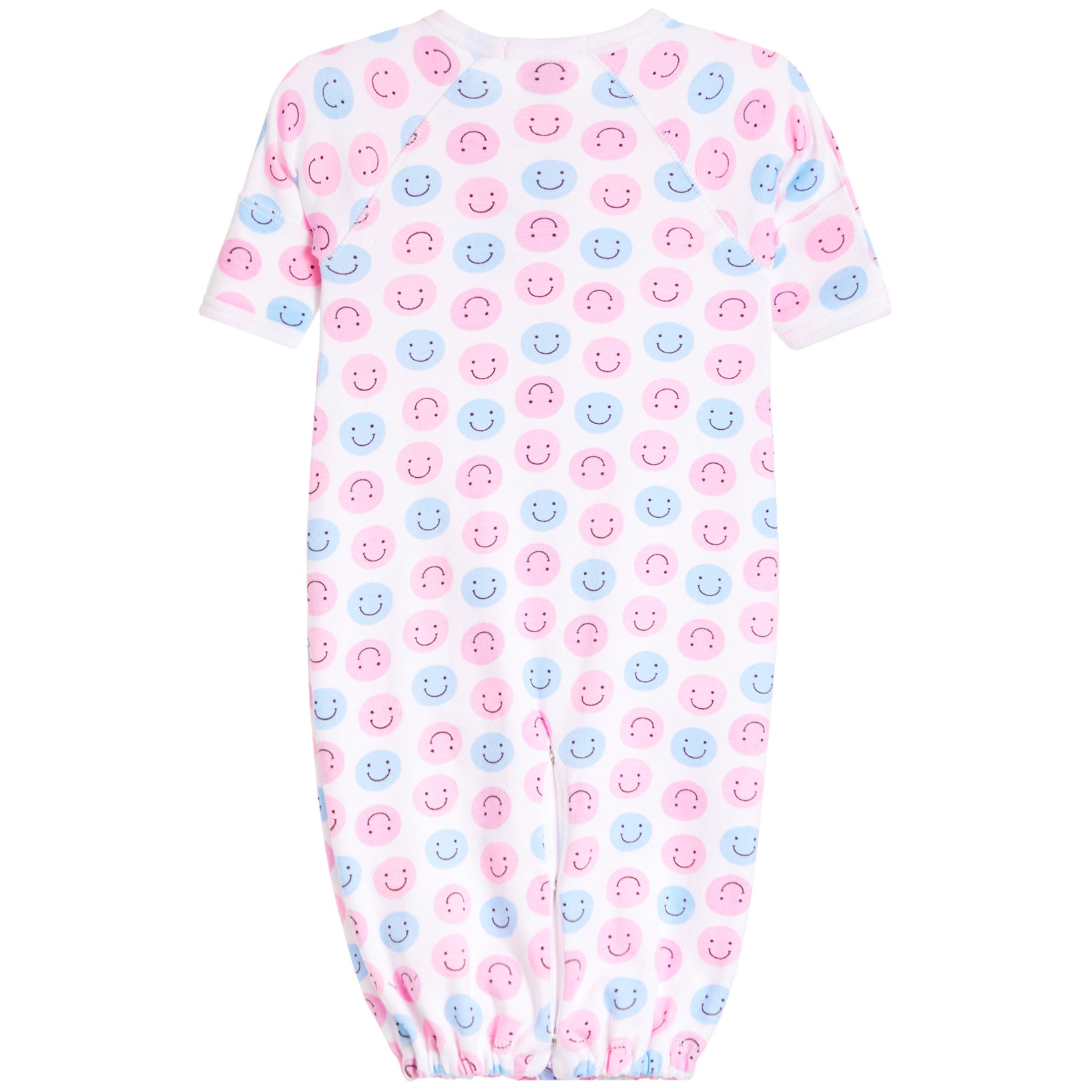 A baby long-sleeve footless sleeper with an all-over pattern of pink and blue smiling face emojis on a white background.