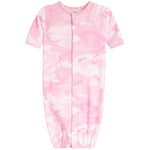 A baby long-sleeve footless sleeper in a pink and white camouflage pattern, featuring a front snap closure and elastic cuffs.