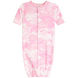 A baby long-sleeve footless sleeper in a pink and white camouflage pattern, featuring a front snap closure and elastic cuffs.