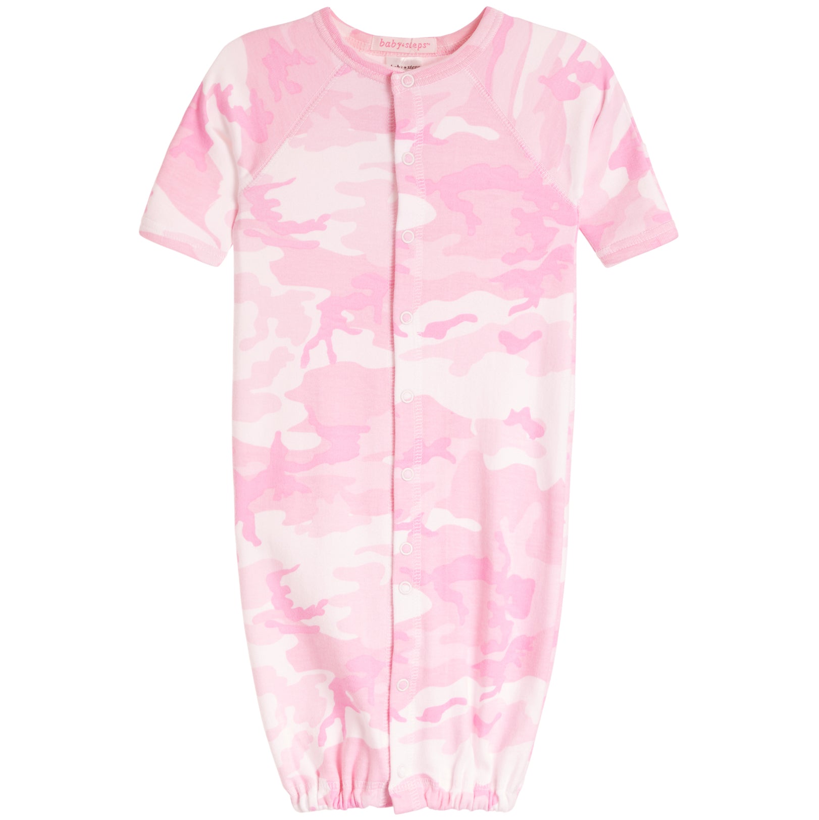 A baby long-sleeve footless sleeper in a pink and white camouflage pattern, featuring a front snap closure and elastic cuffs.