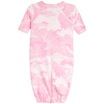 A baby long-sleeve footless one-piece jumpsuit featuring a pink and white camouflage pattern, shown against a plain white background.