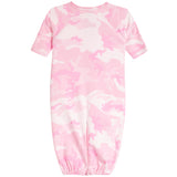 A baby long-sleeve footless one-piece jumpsuit featuring a pink and white camouflage pattern, shown against a plain white background.