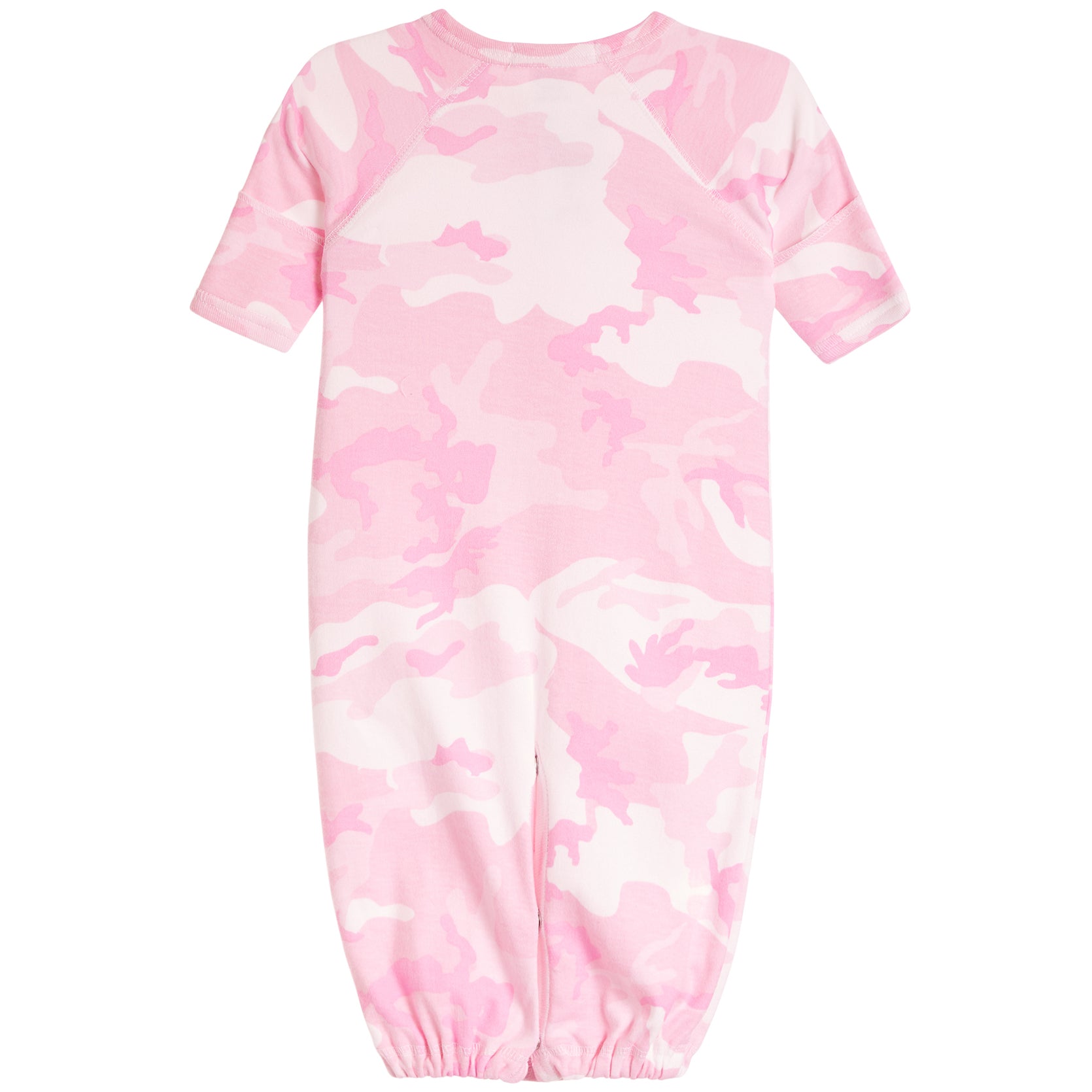 A baby long-sleeve footless one-piece jumpsuit featuring a pink and white camouflage pattern, shown against a plain white background.