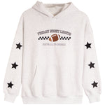 A light heather gray pullover hoodie with a graphic on the chest reading 'Friday Night Lights Football Team' featuring a brown football and checkered flag design, with black star graphics printed on both sleeves.